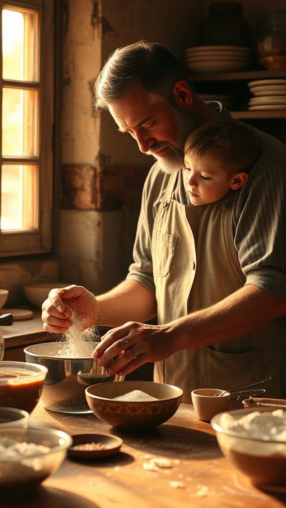 Father and Son Baking in Warm Kitchen Light