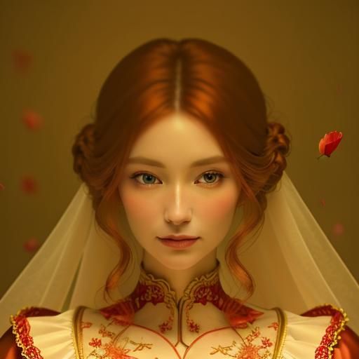 Ginger Woman in Crimson Dress: Baroque-Inspired Portrait