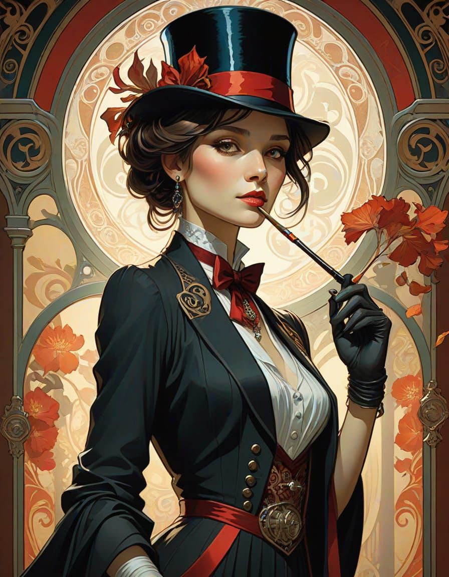 Elegant Woman in Tuxedo Gown and Top Hat