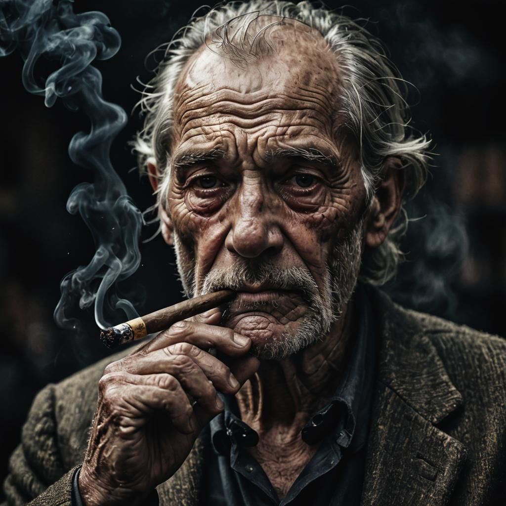 Wrinkled Old Man Smoking Cigar Portrait