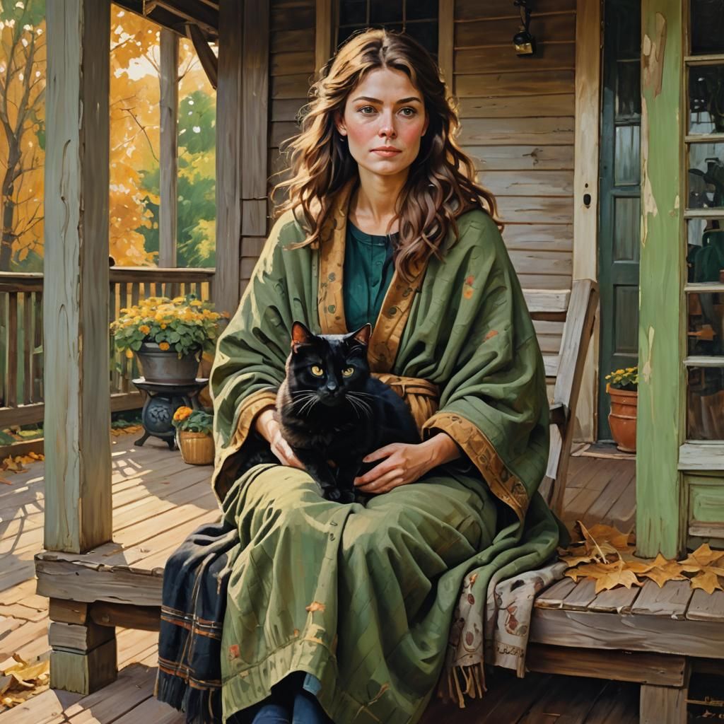 Woman with Cat on Porch: Gurney-Style Oil Painting