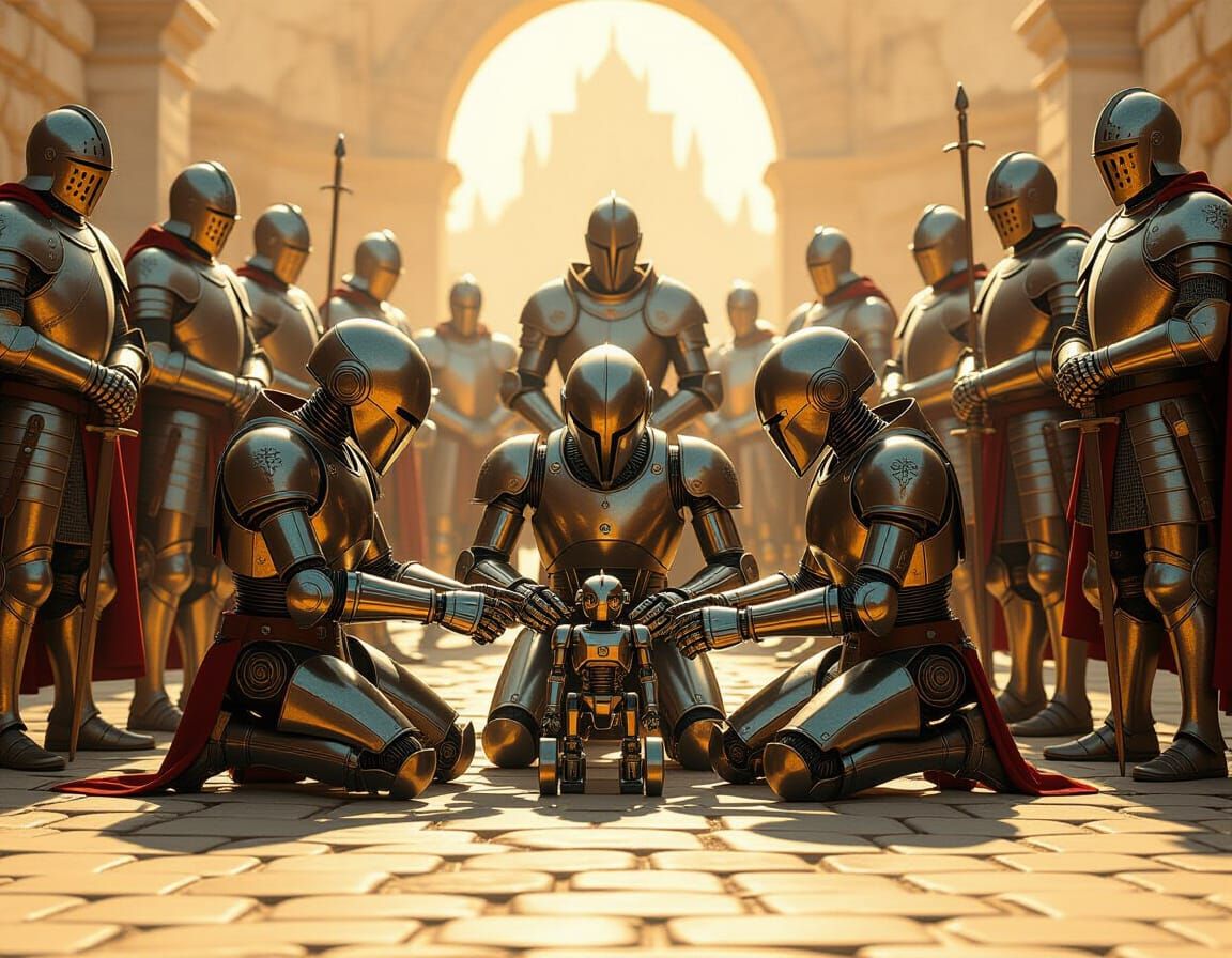 Robots Assemble Tiny Bot Amidst Knights in Golden Light