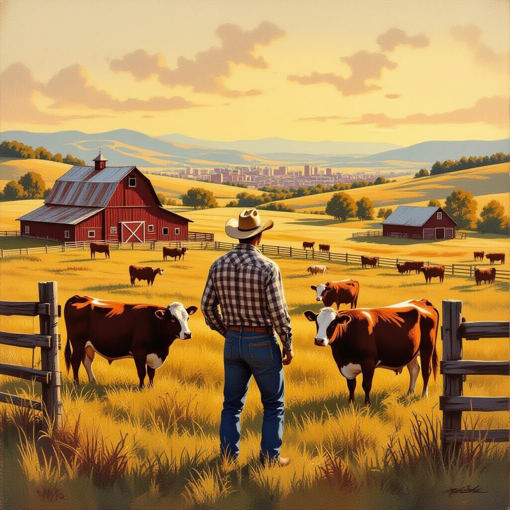 Rancher and Cattle in Golden Light