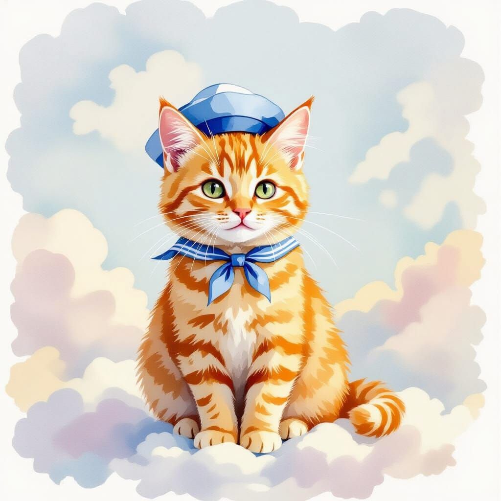 Whimsical Watercolor Ginger Cat in Sailor Hat on Sky