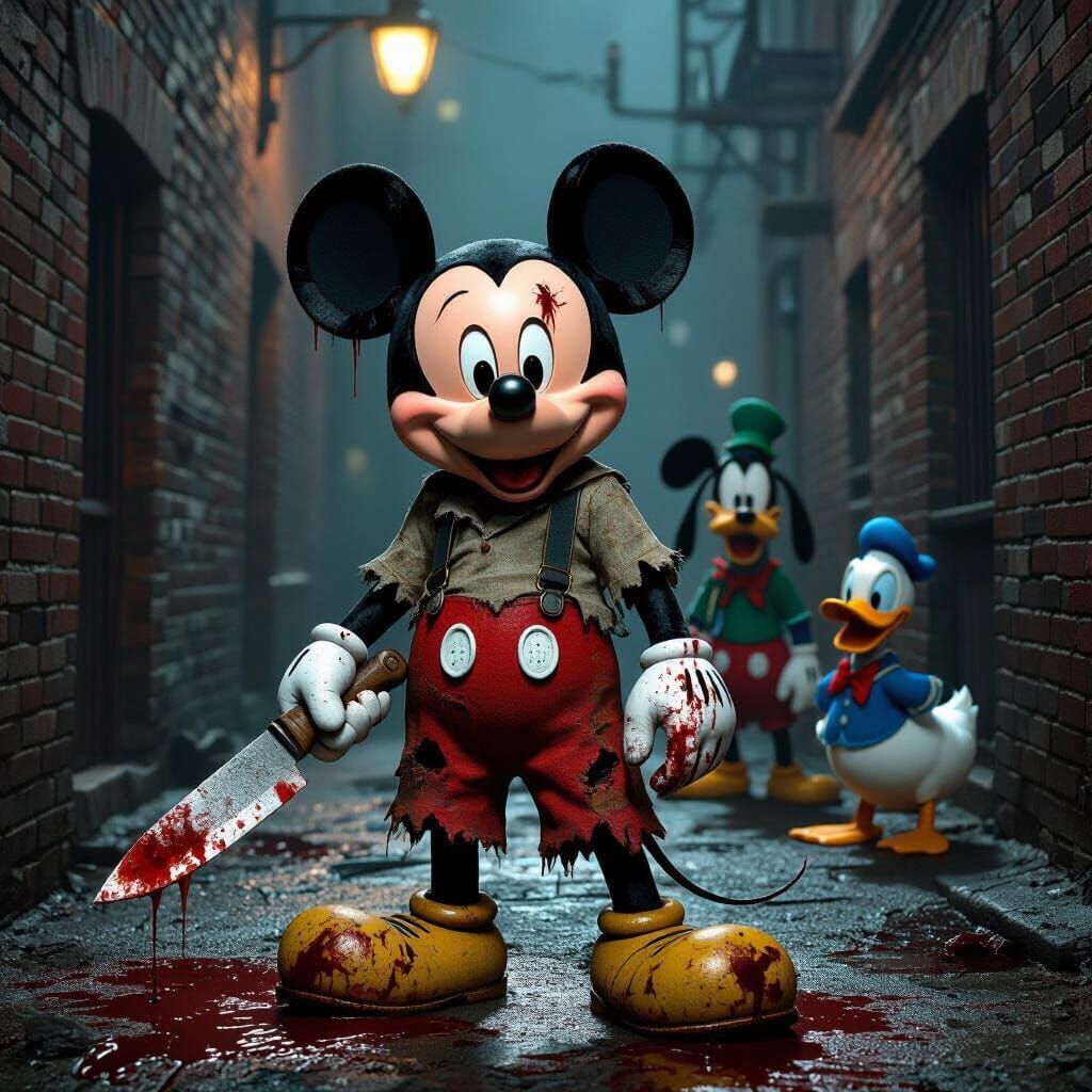 Horror Mickey Mouse with Bloody Knife in Dark Alley