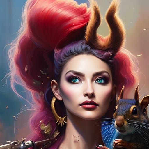 Squirrel Queen Casting Magic in Oil Painting Style