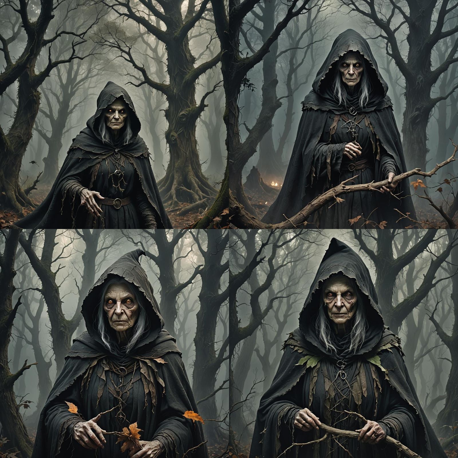Eerie Fantasy Scene: Ancient Witch in Haunted Woodland