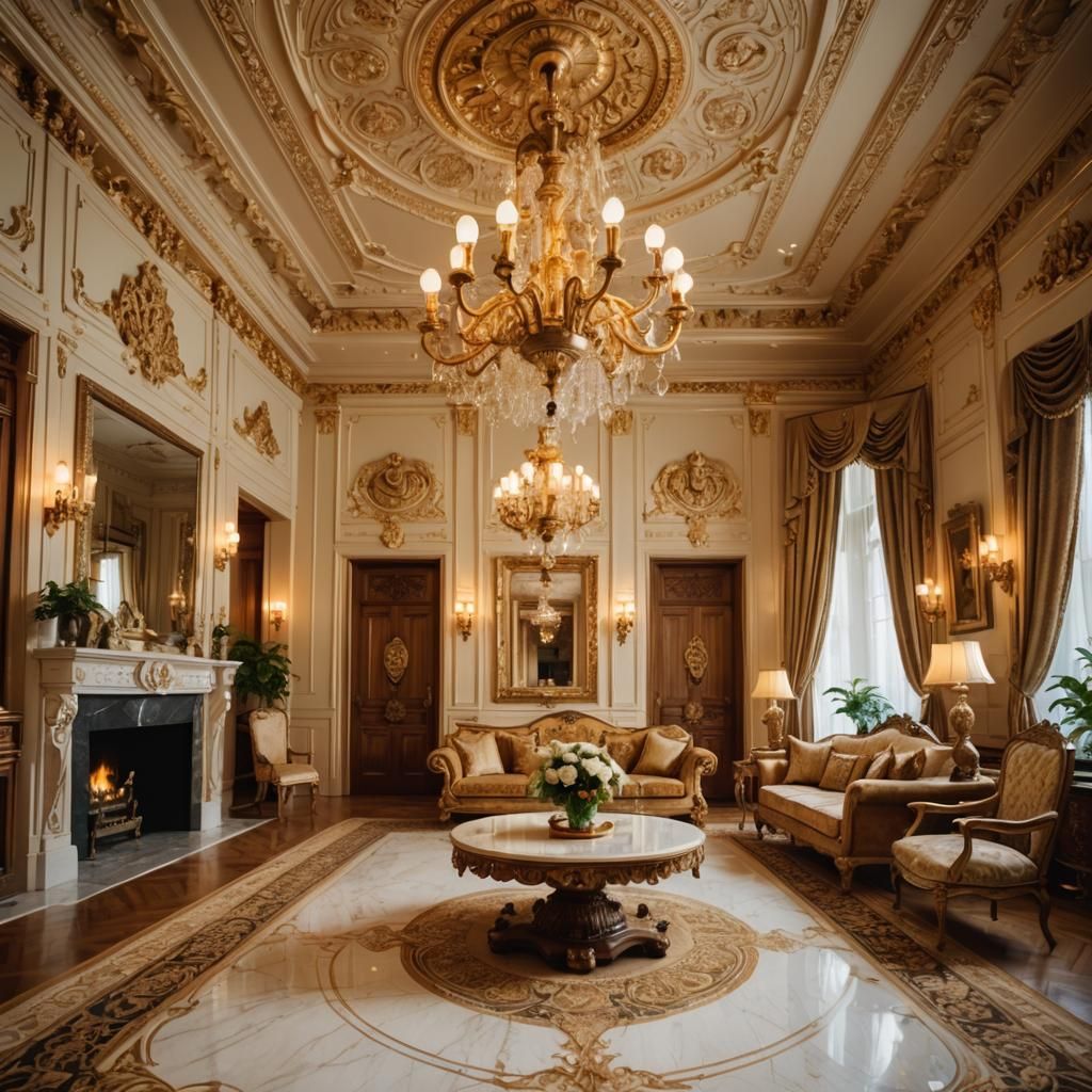 Luxurious Living Room with Ornate Chandelier in Klimt Style