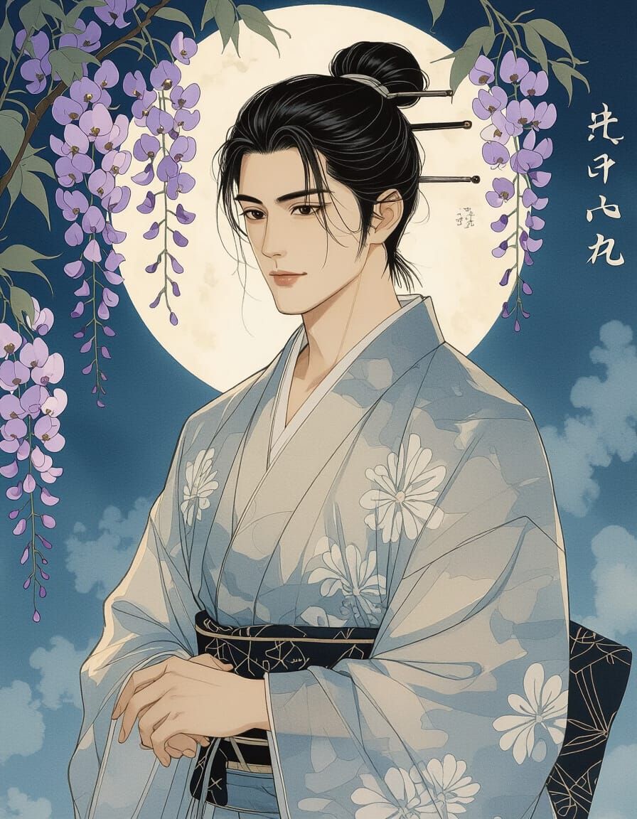 Moonlit Wisteria Kimono: Ukiyo-e Style Portrait