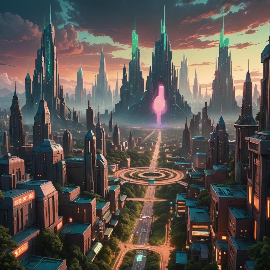 Futuristic Cityscape with Portal, Matte Painting