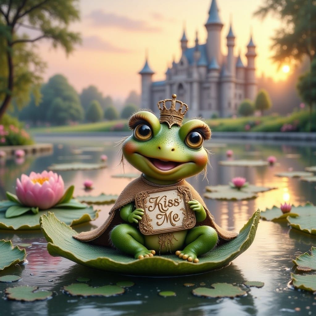Frog Prince on Lily Pad in Fairytale Lake