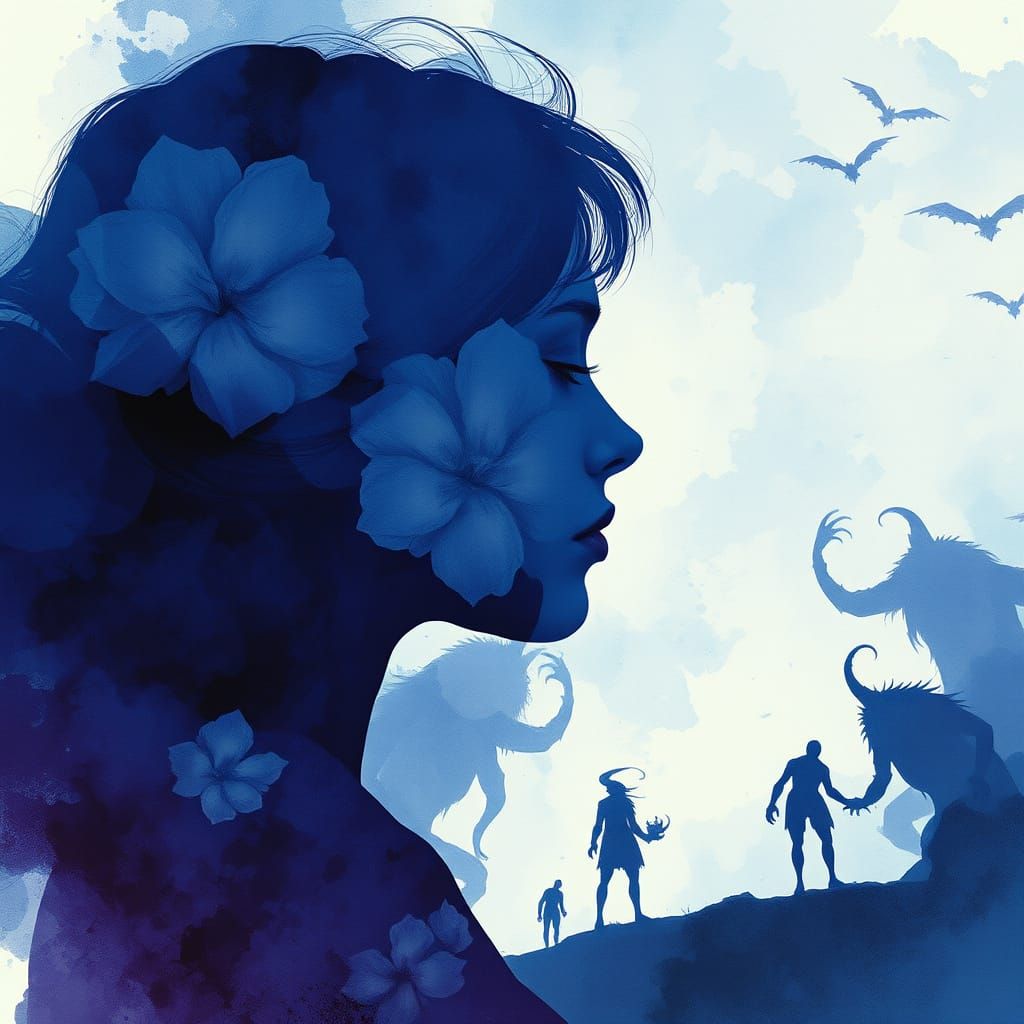 Ethereal Woman's Profile in Dreamlike, Double-Exposed Waterc...