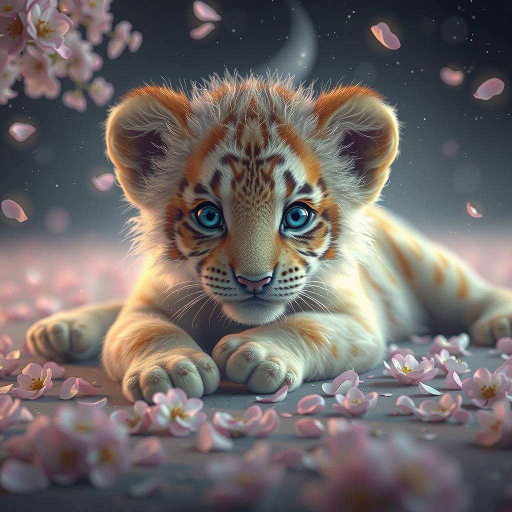 Adorable Baby Tiger with Fireflies and Petals