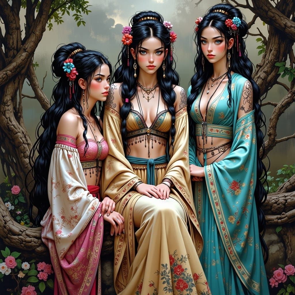 Asian Girls in Vibrant Hanfu Attire amidst Mystical Foliage