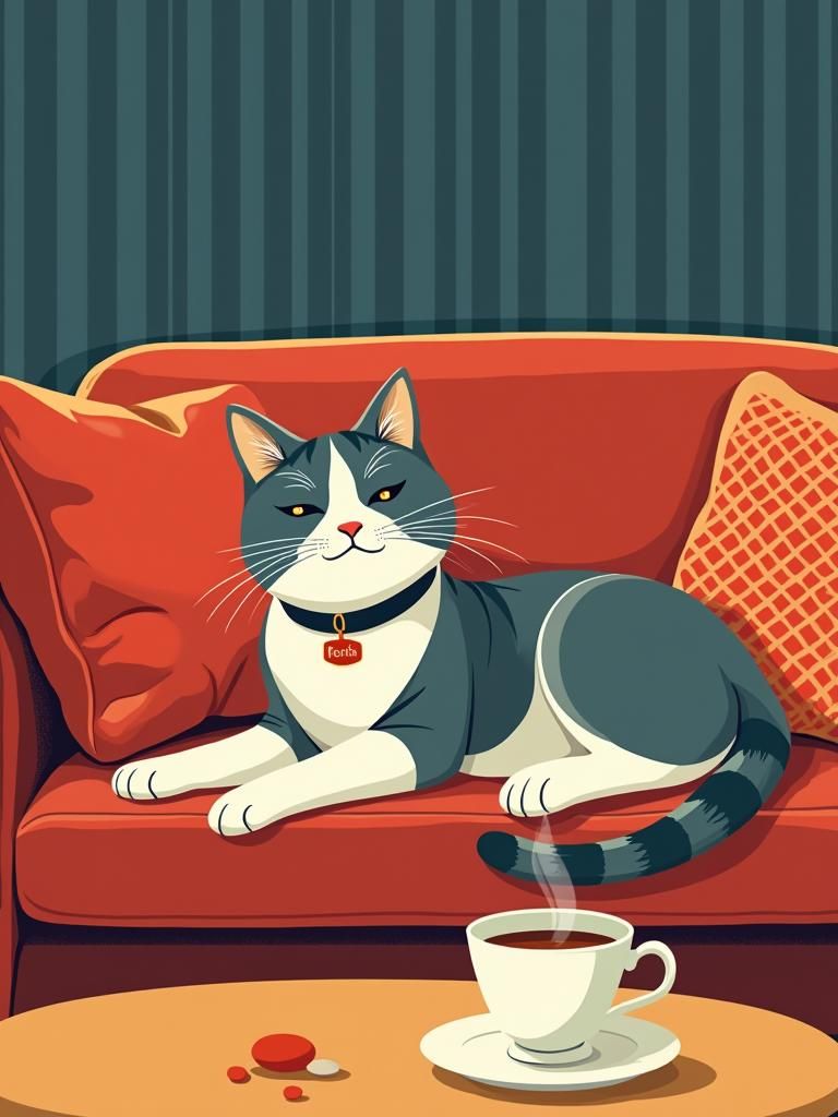Retro Cat Poster with Tea and Red Pillows