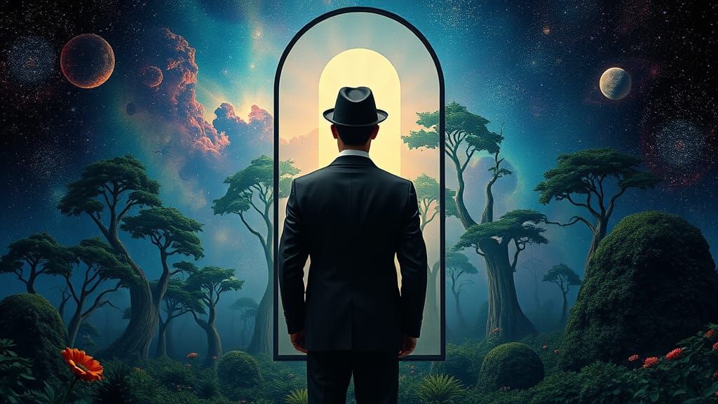 Cosmic Man Gazes at Surreal Forest in Ligne Claire Style