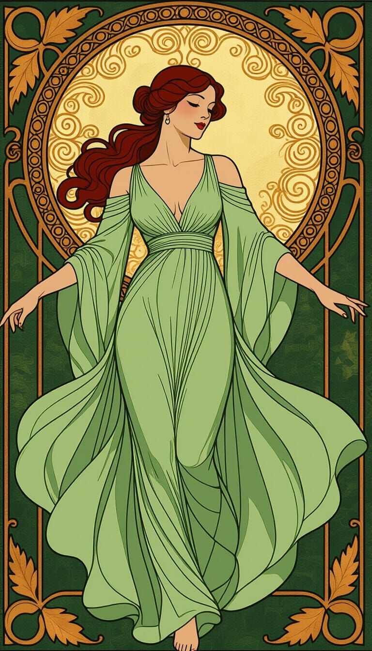 Voluptuous Woman in Flowing Gown, Art Nouveau Style