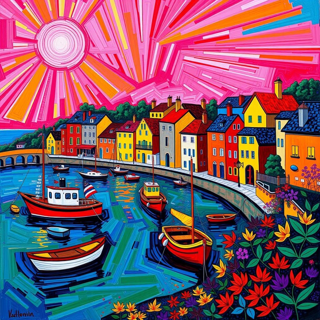 Fauvist Harborside Village Erupts with Color and Energy