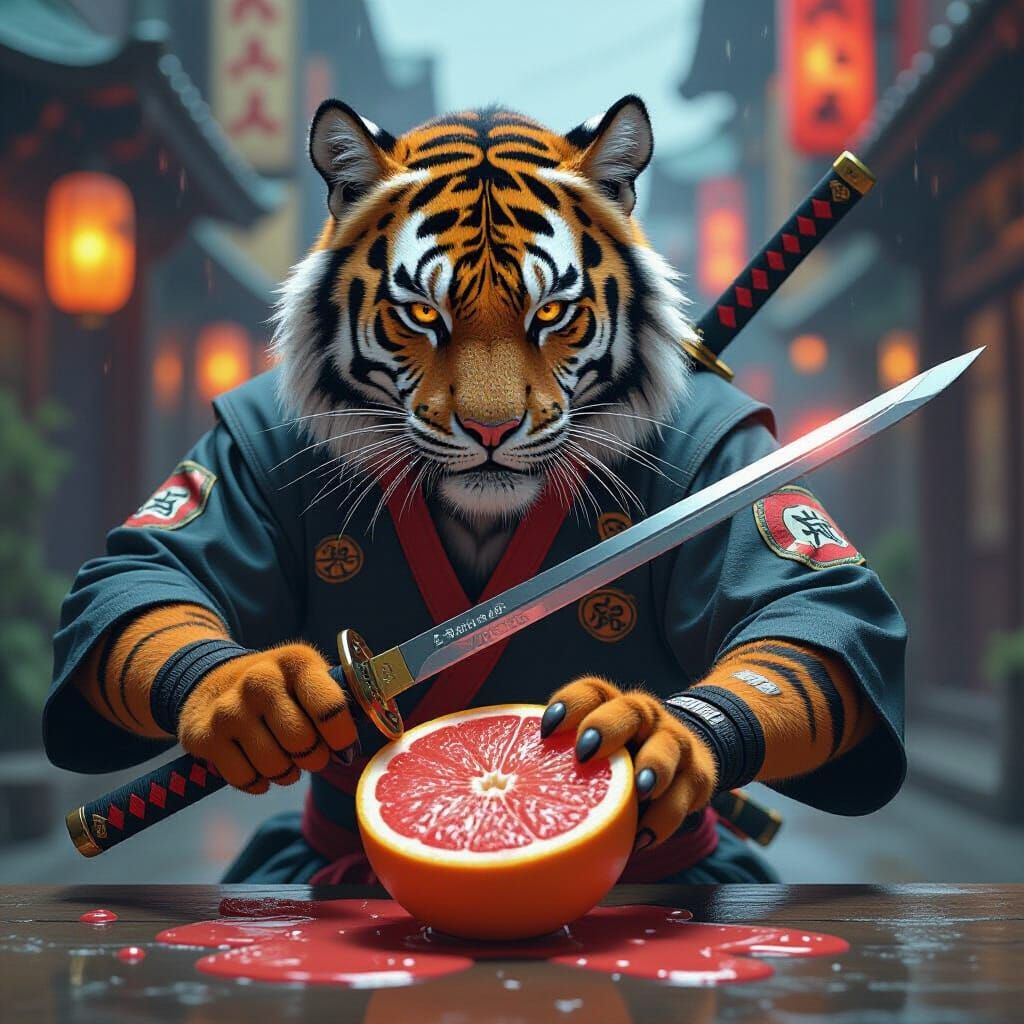 Ninja Tiger Slices Grapefruit: Digital Art