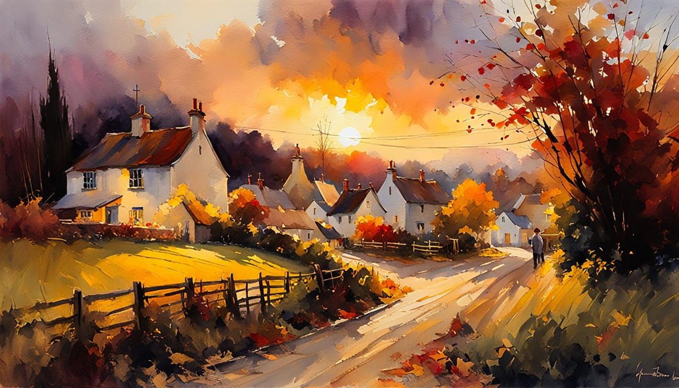 English Village at Sunset, Watercolor Painting