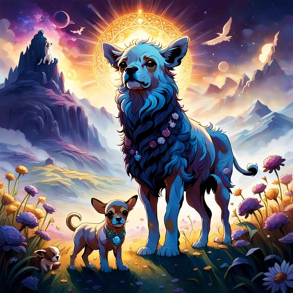 Fantasy Lion Guarded by Lamb and Chihuahua