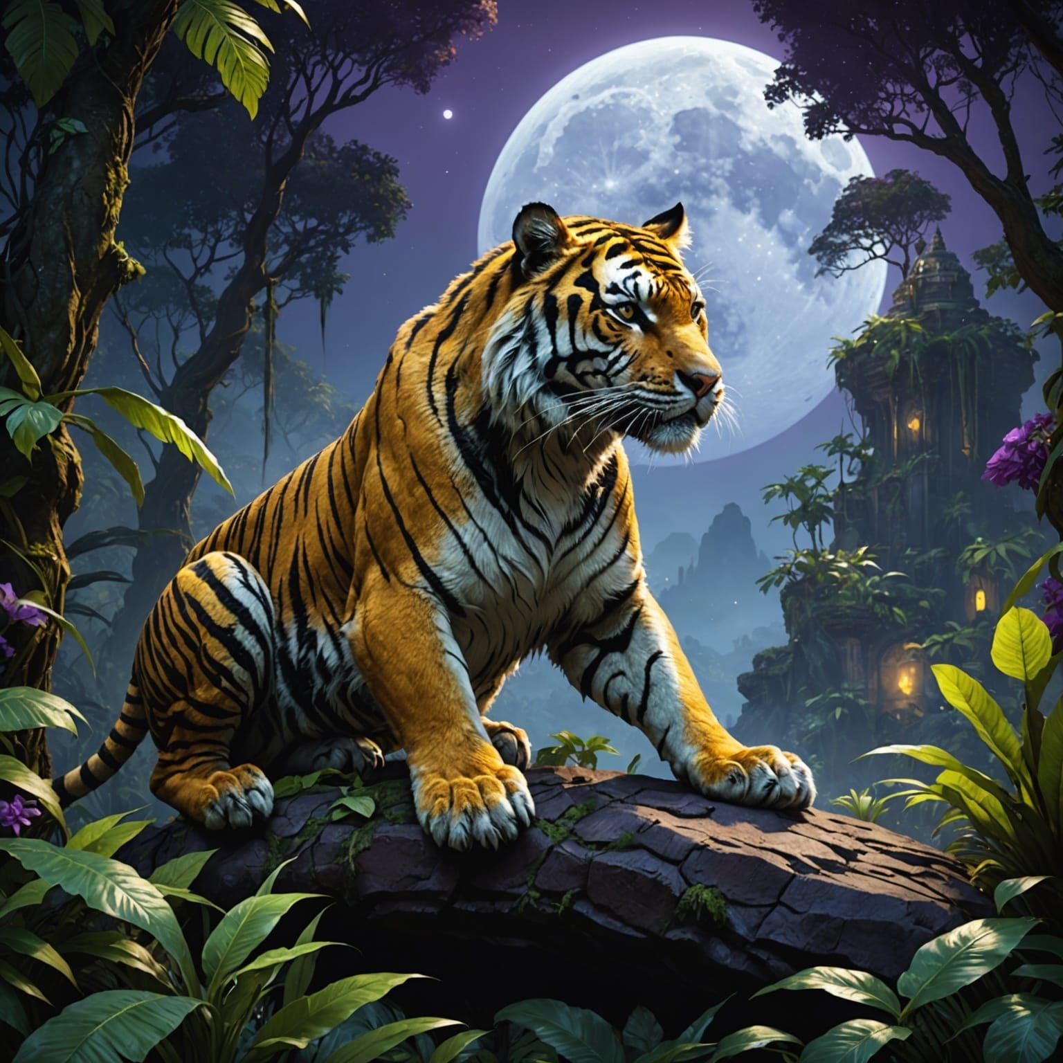 Jungle Tiger Healing by Moonlight in Dark Fantasy Style