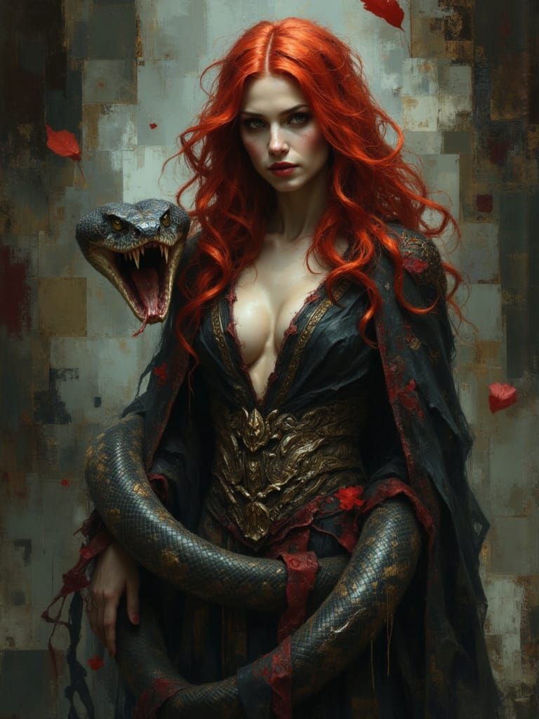 Sorceress and Cobra in Dynamic Fantasy Horror Art