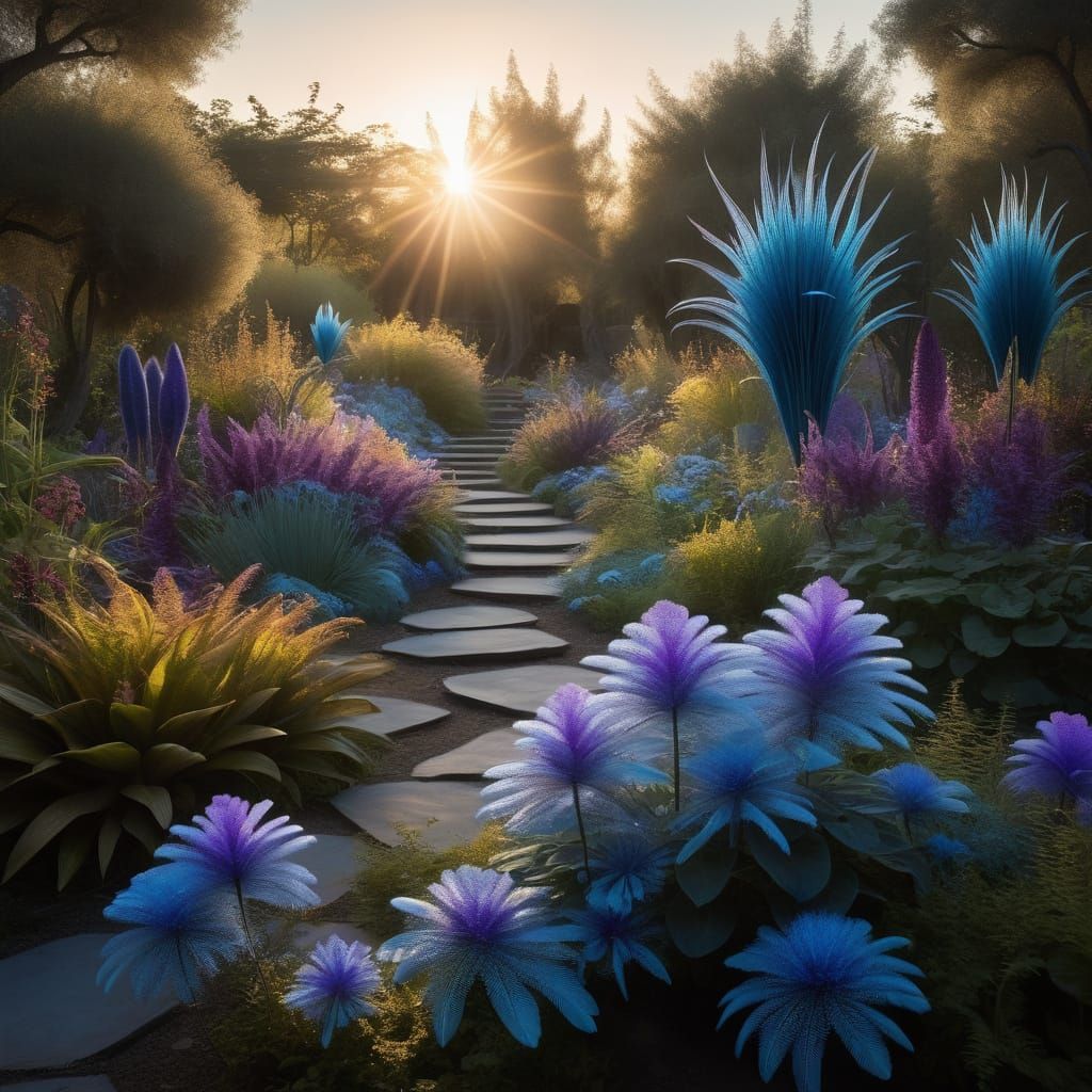 Ethereal Blue and Violet Garden Scene in Dreamlike Style