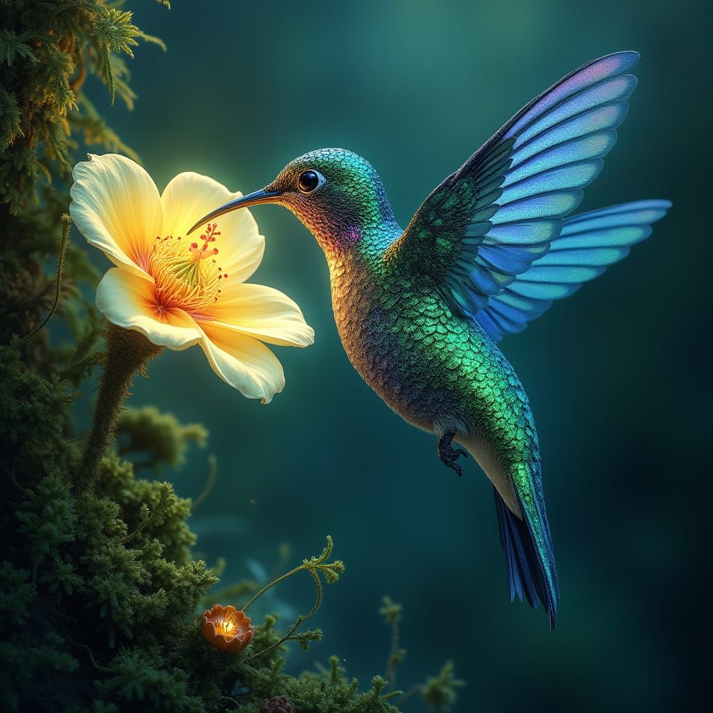 Bioluminescent Hummingbird Sipping Nectar in Botanical Art N...