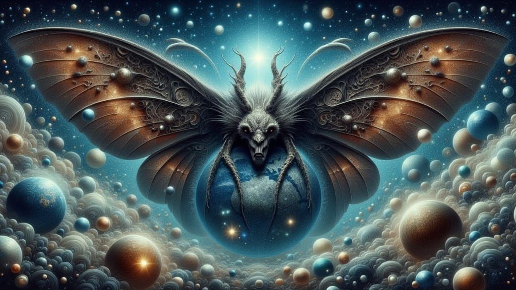 Cosmic Moth Devours a Bleeding Blue Planet