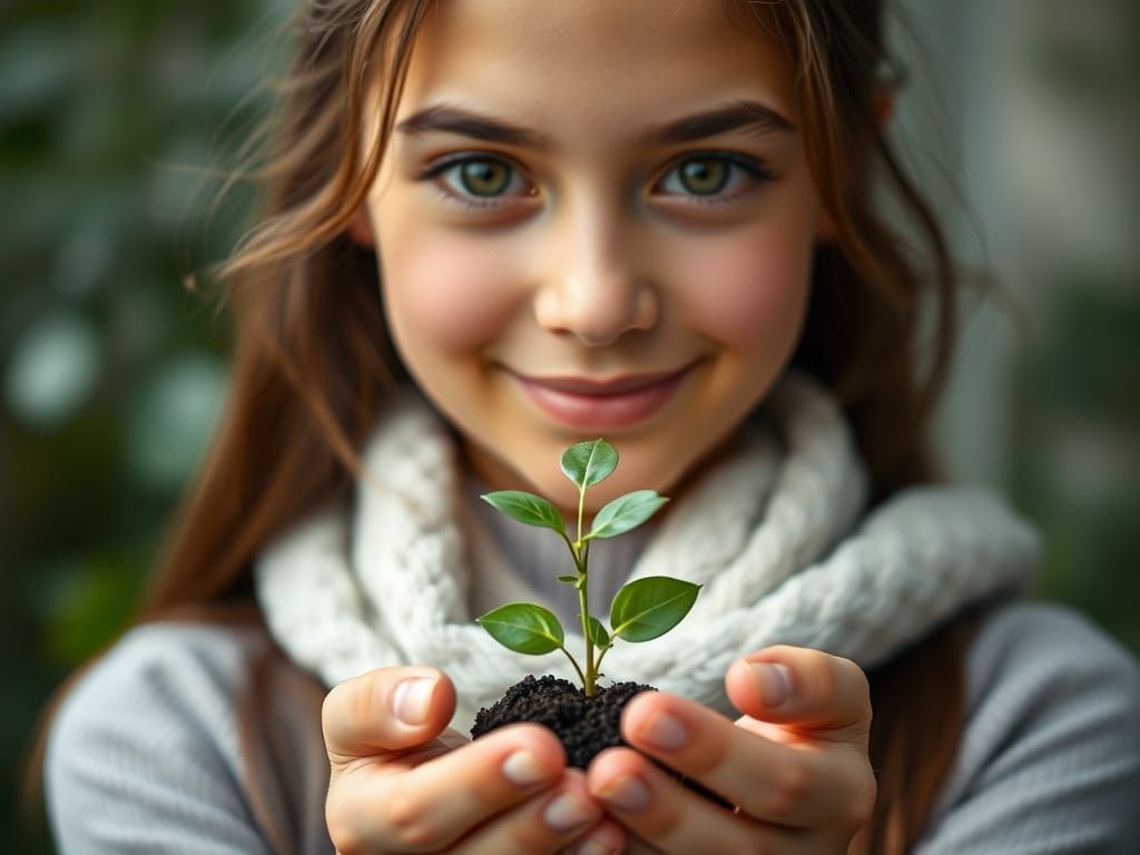 Hopeful Woman Holding Seedling: Close-Up Portrait