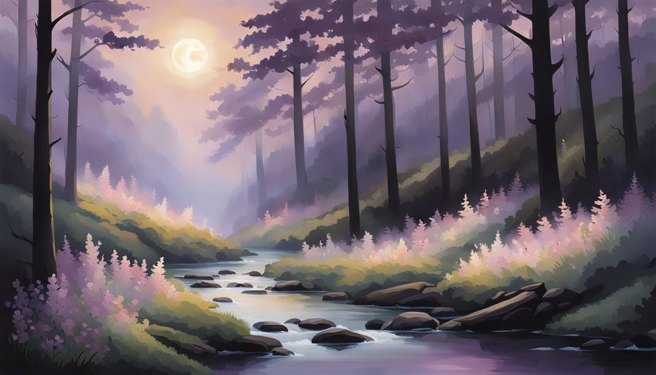 Ethereal Fog Cloaks a Moonlit Floral River