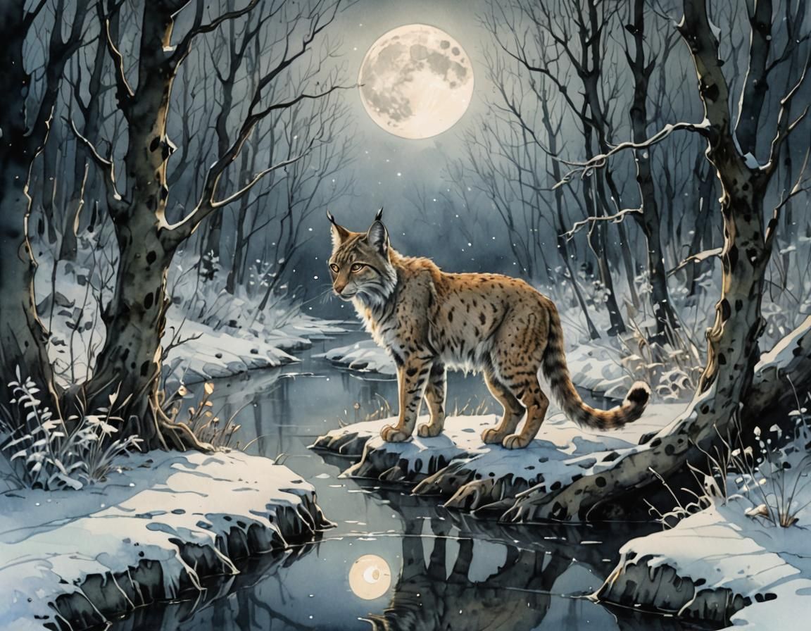Lynx Drinks from Icy River at Night