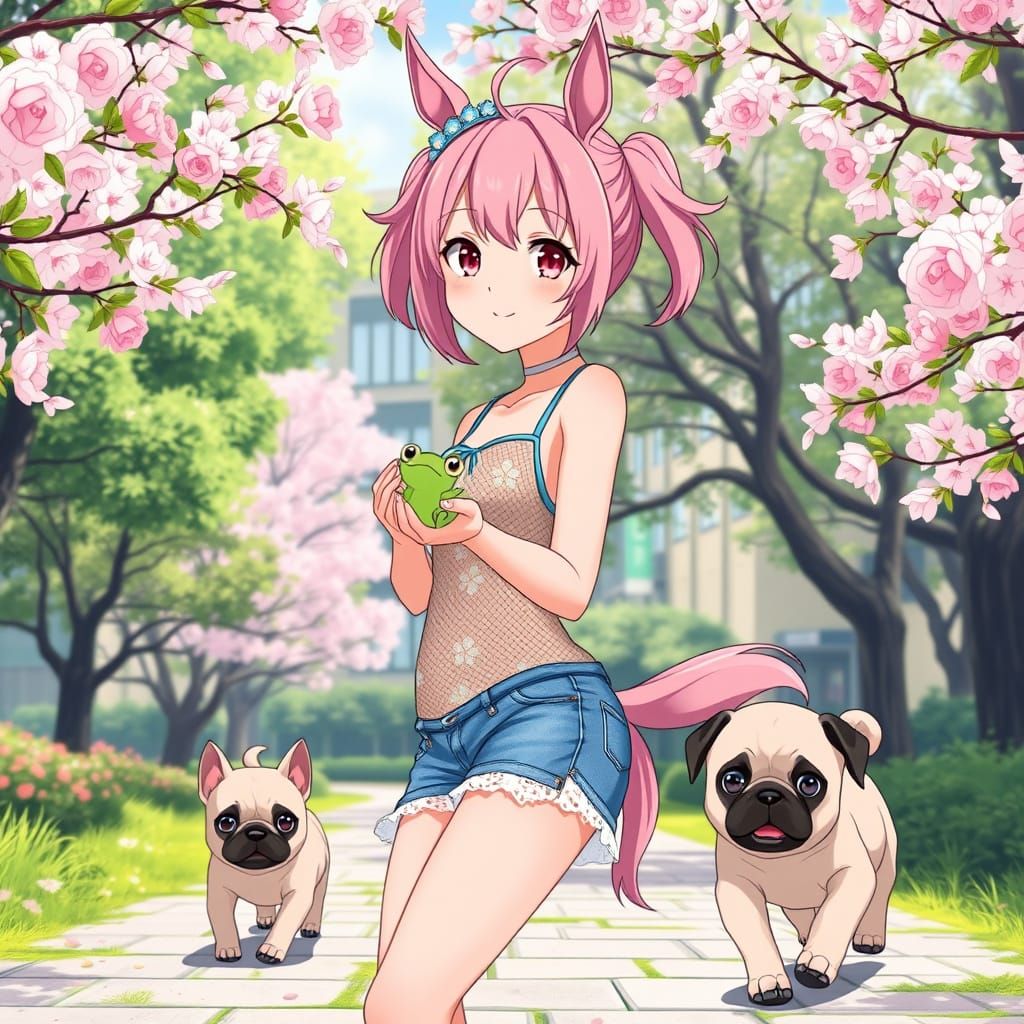 Charming Anime Girl in Park with Horse Ears and Cute Pets
