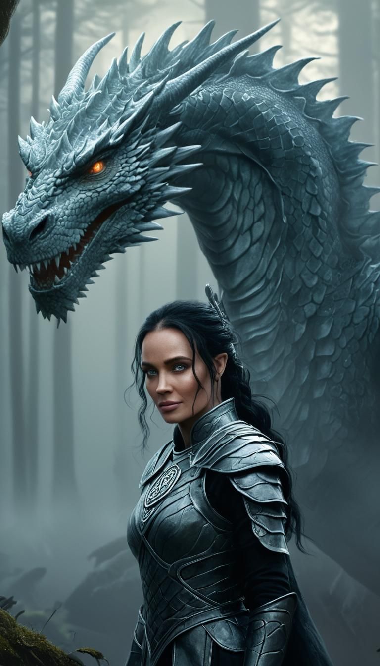 Woman and Dragon in Misty Forest: Realistic Oil Painting