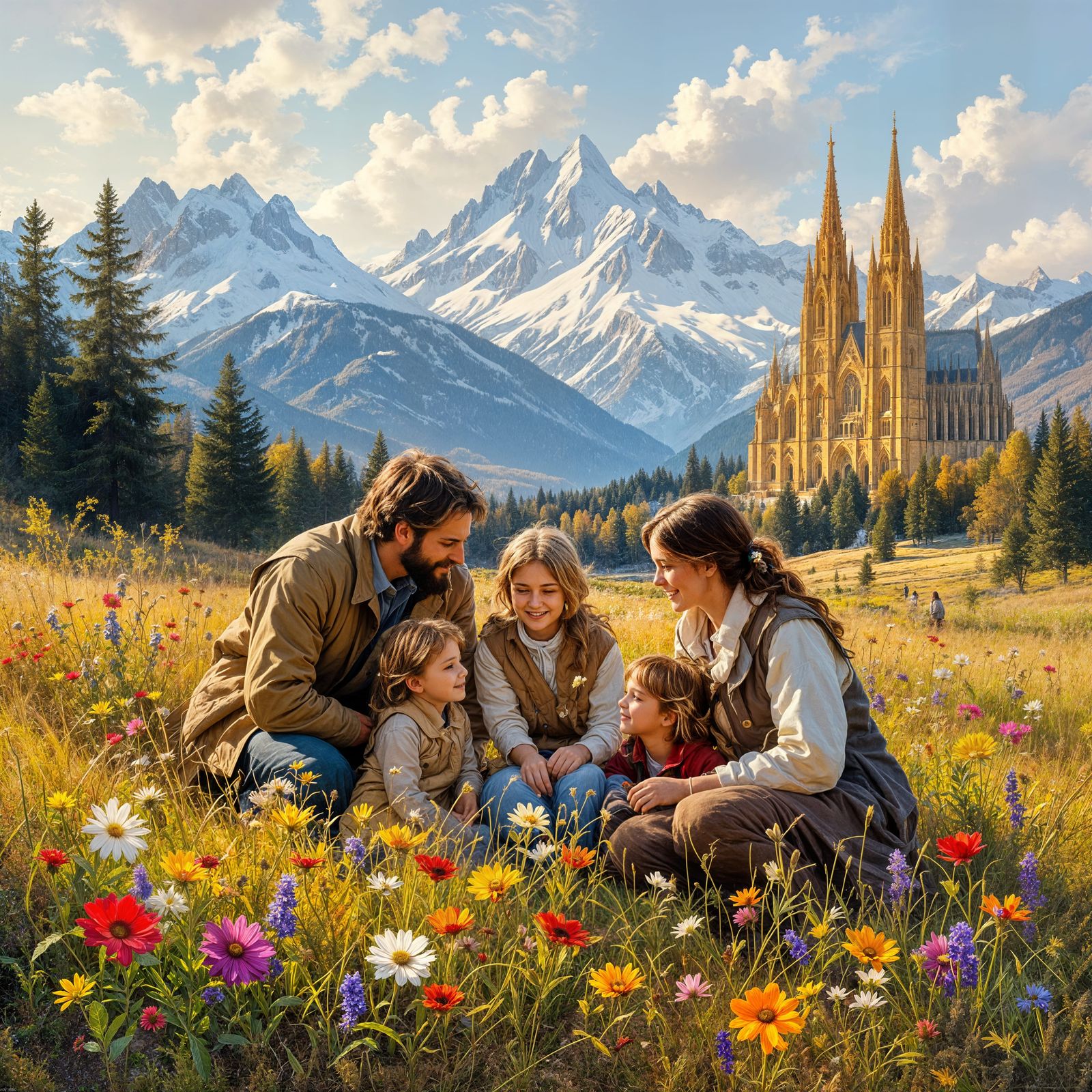 Snowy Mountains & Meadow with Gothic Cathedral