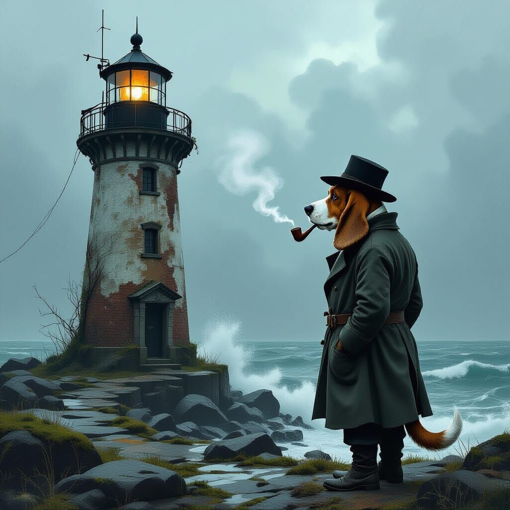 Basset Hound Lighthouse Keeper in Stormy Sea