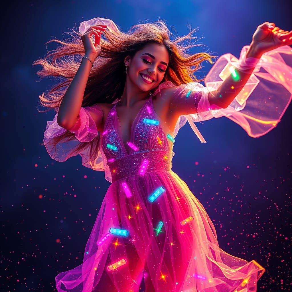 Cosmic Woman Dancing in Neon Stardust Aura
