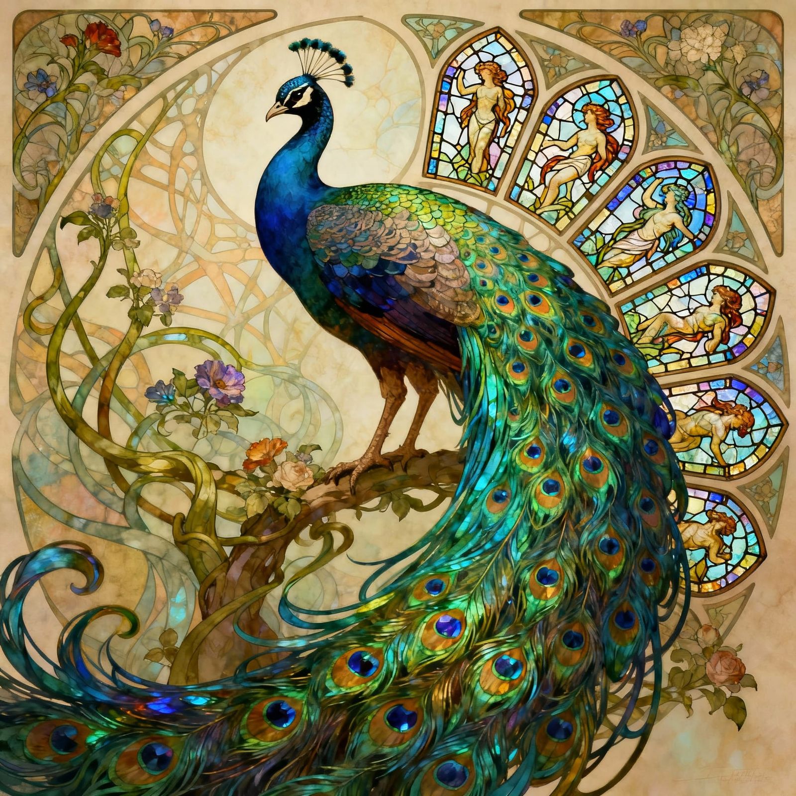 Art Nouveau Peacock With Stained-Glass Tail Feathers