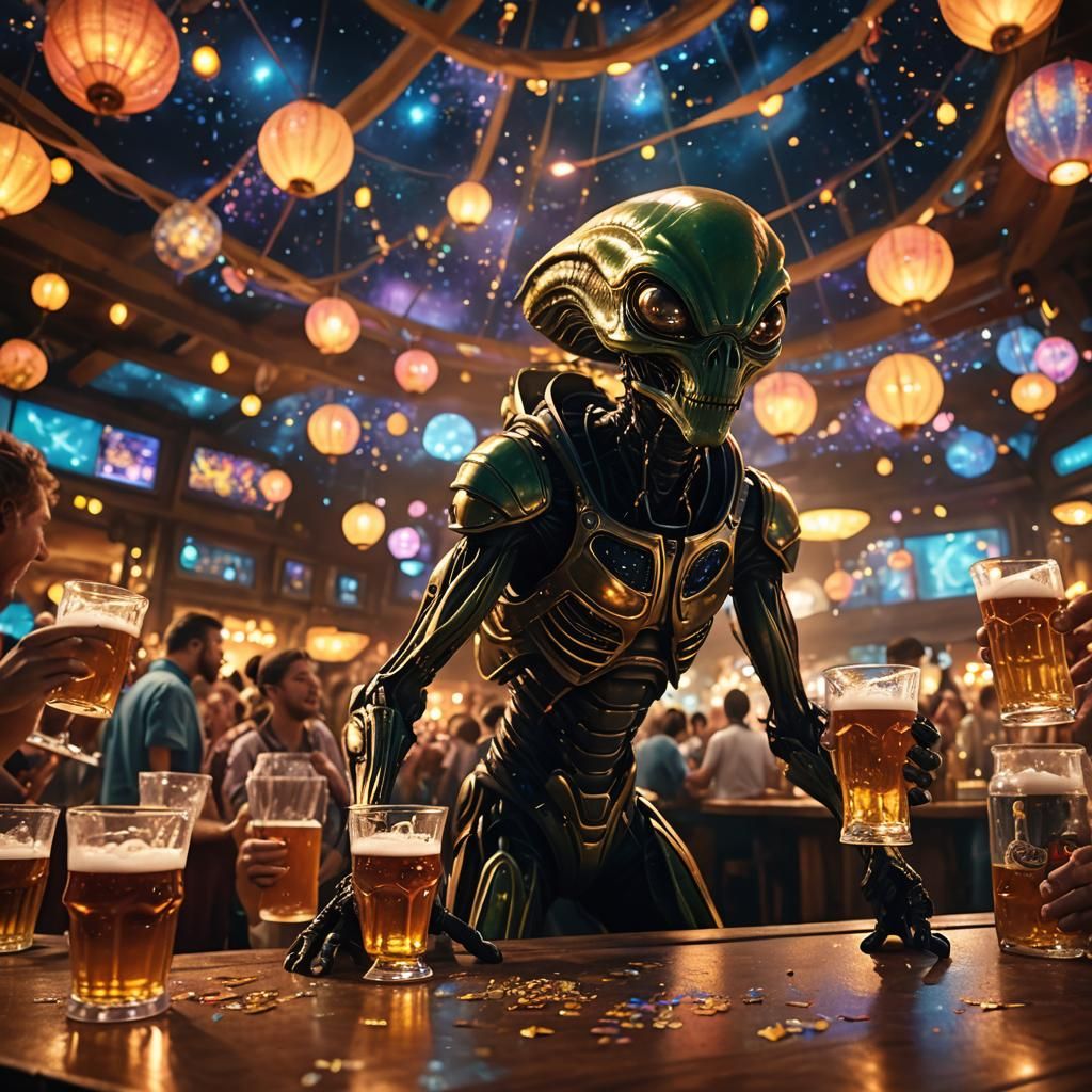 Alien Celebrates Oktoberfest in Galaxy Bar, Cinematic Style