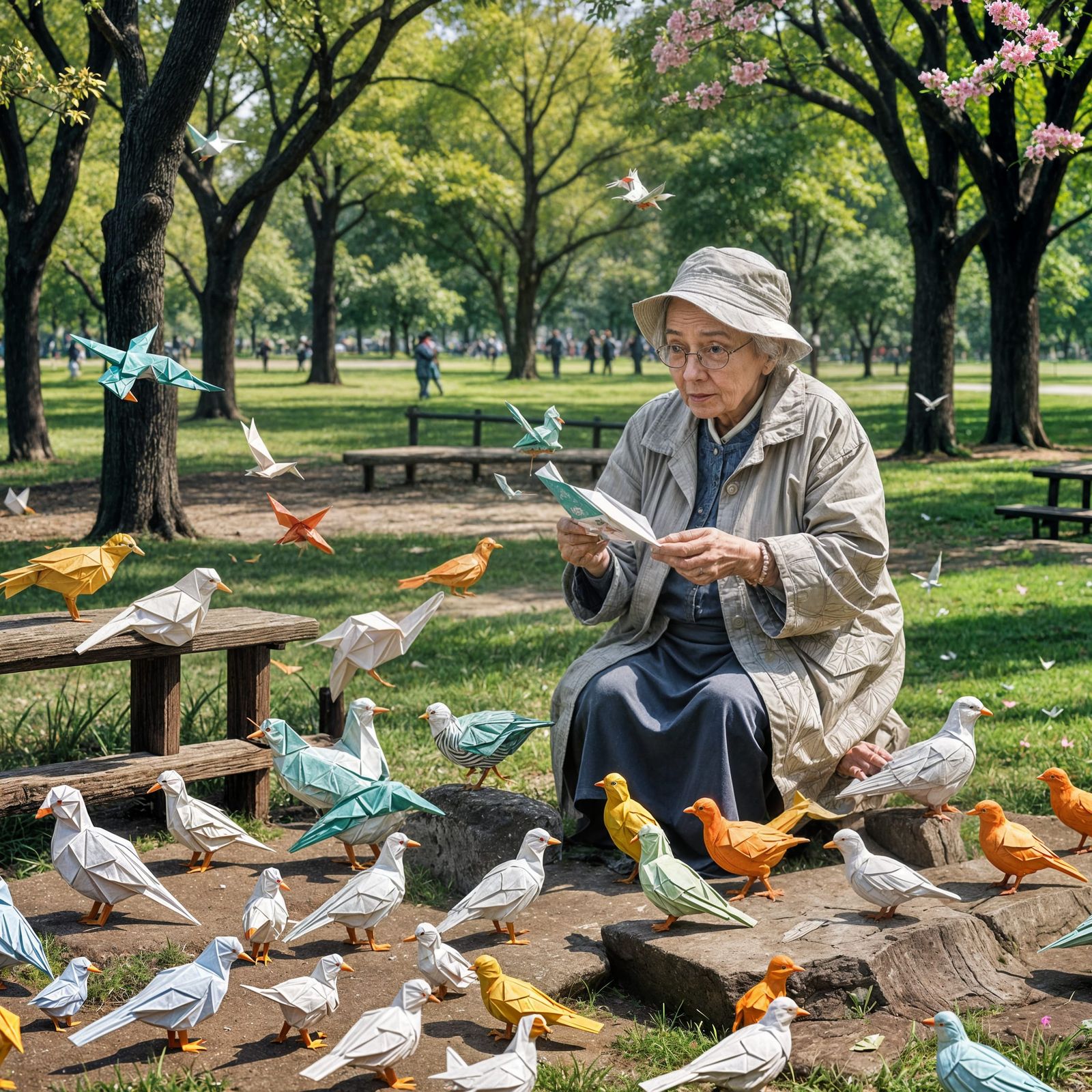 Old Lady Feeding Birds: Origami Papercraft Style