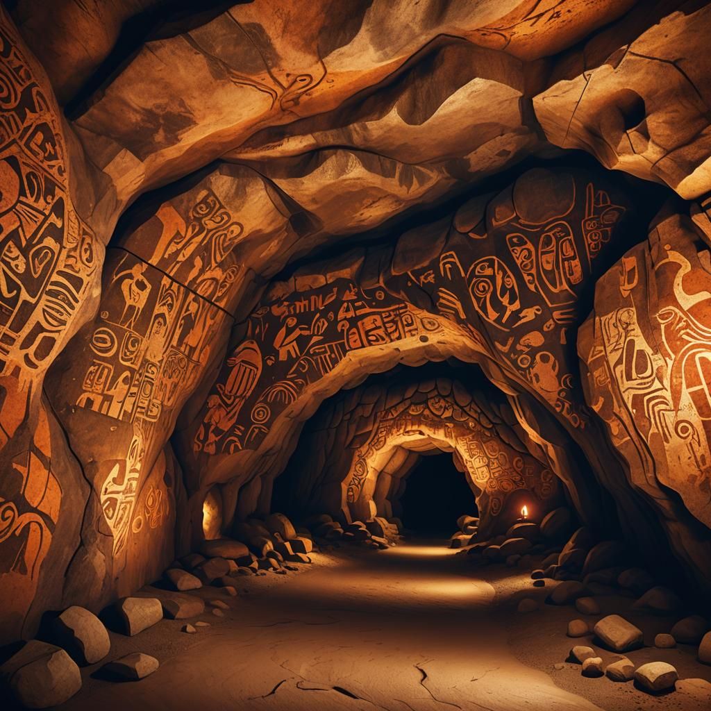 Cave Tunnel with Ancient Detailed Paintings