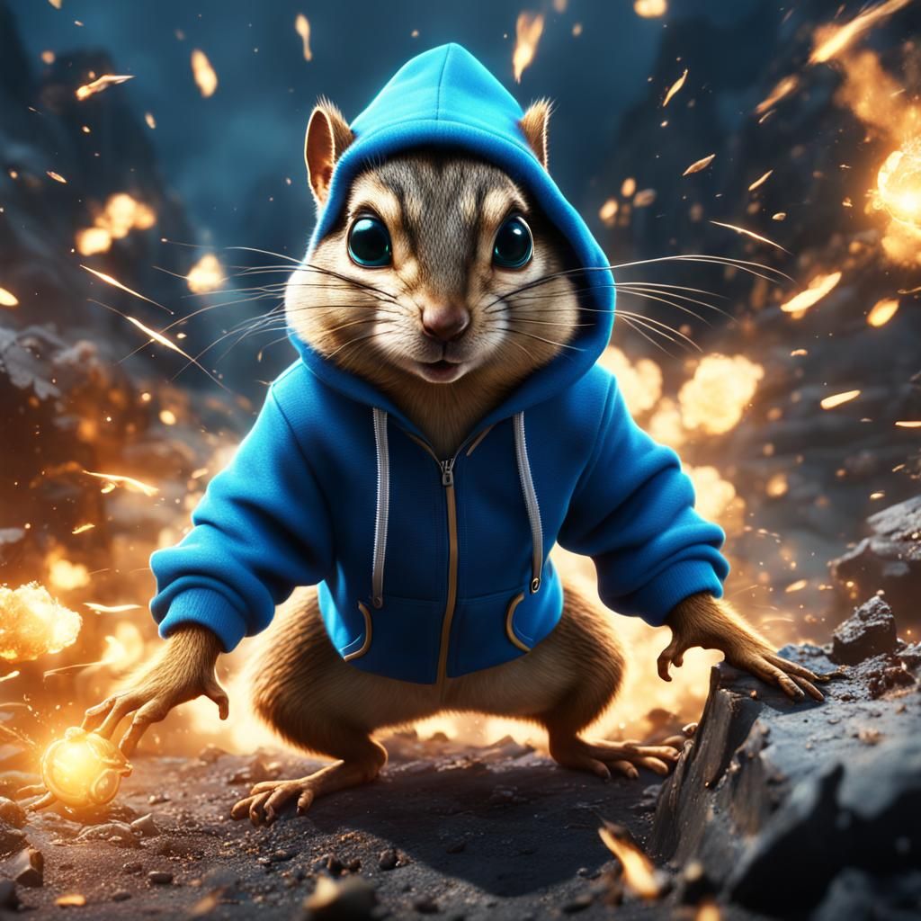 Chipmunk in Blue Hoodie Explosion: Detailed Matte Painting