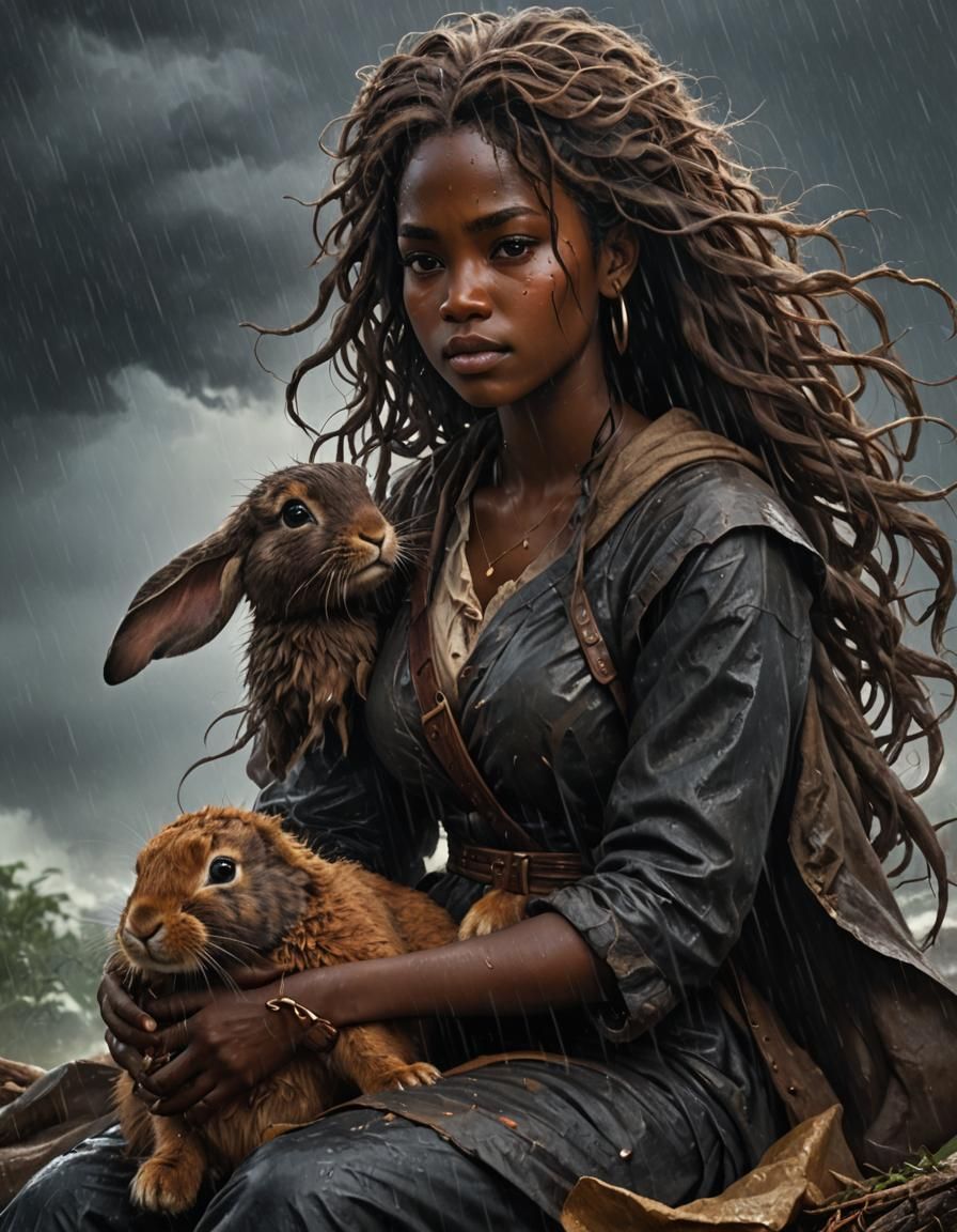 Dark Skinned Woman in Storm with Bunny