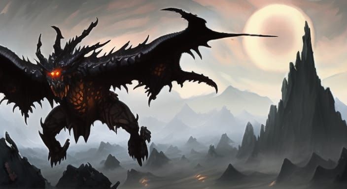 Hyperrealistic Black Dragon in Dark Fantasy Landscape