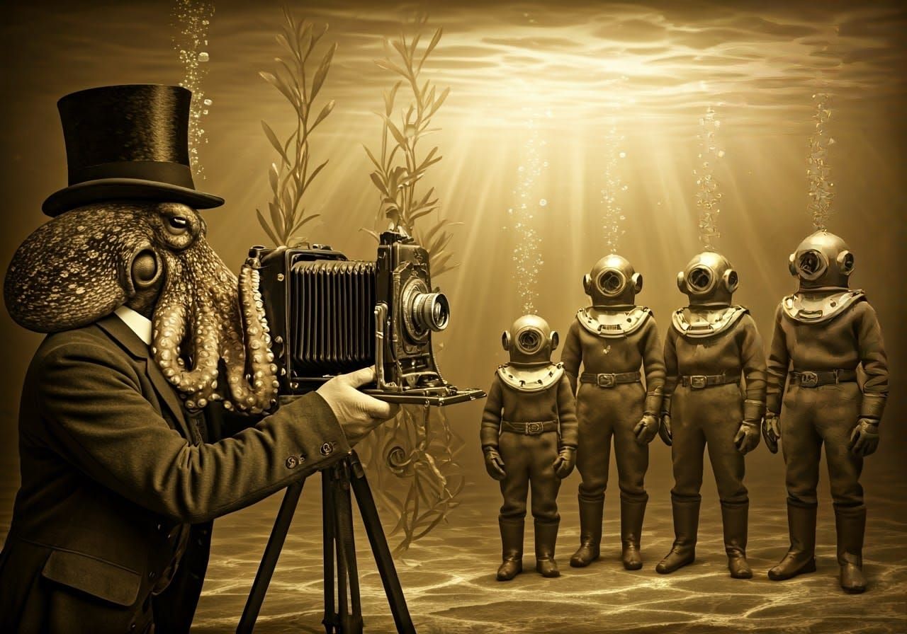 Ethereal Victorian Octopus Family Portrait in Seaside Settin...