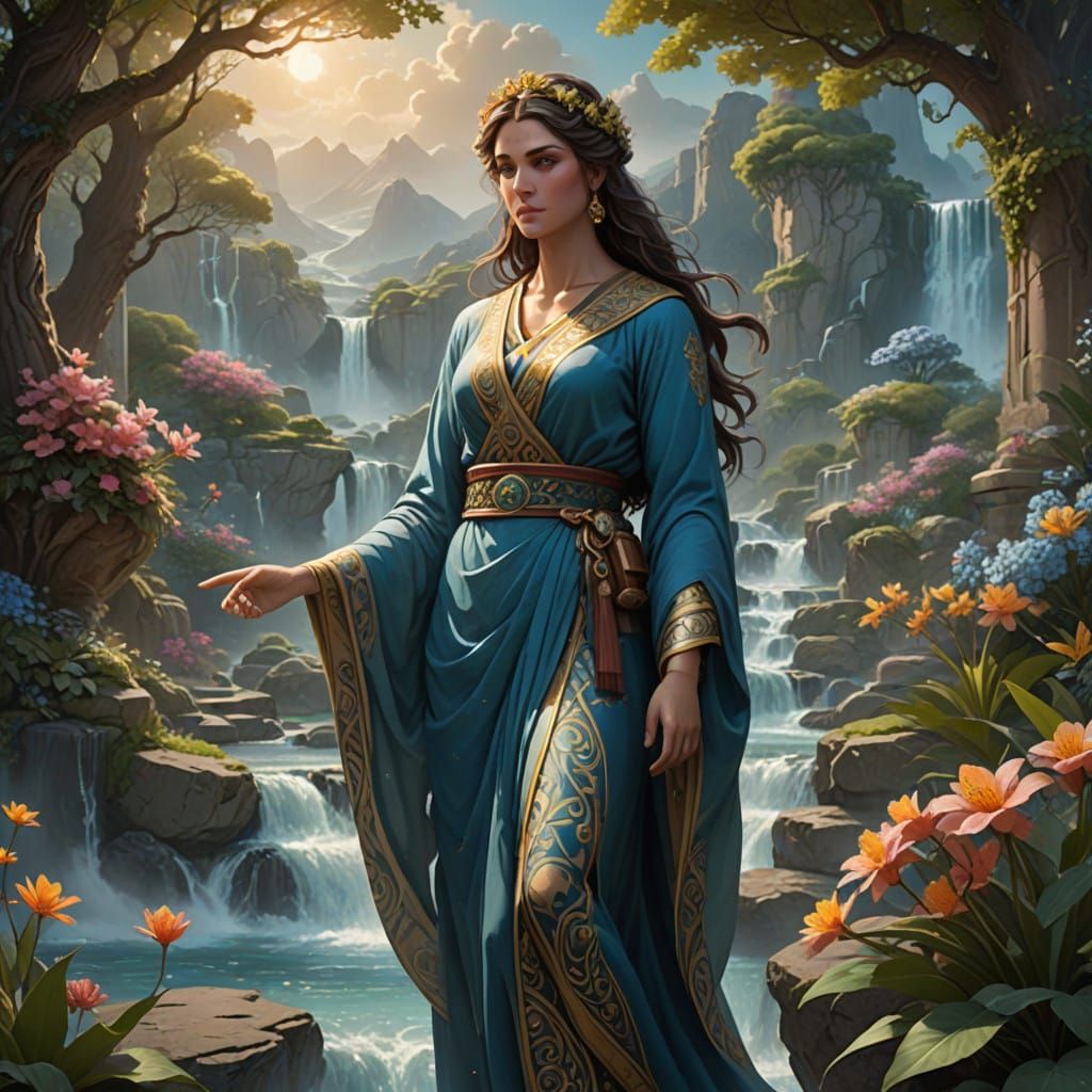 Regal Goddess of Law in Serene 8K Landscape