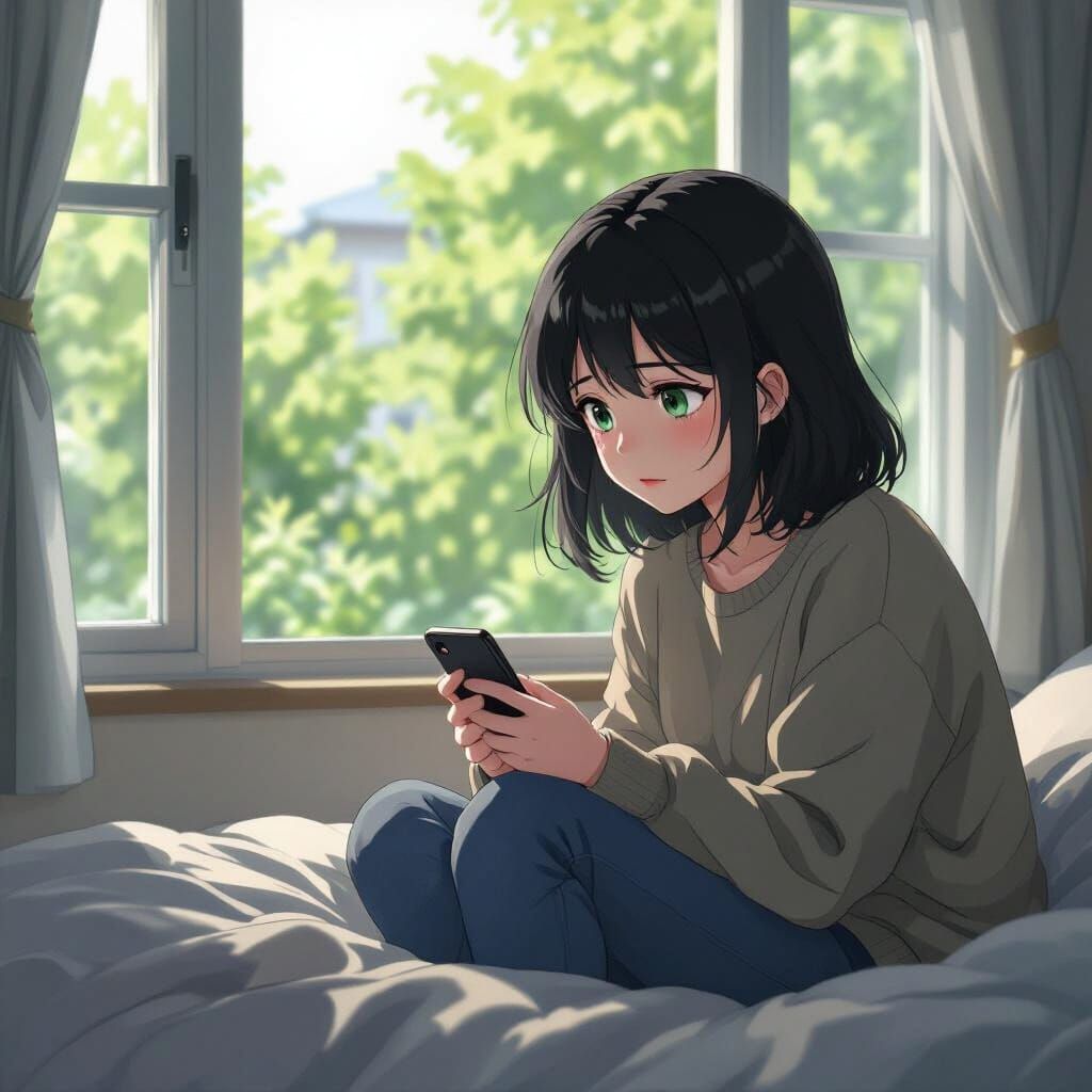 Melancholic Girl in Room, Anime Style