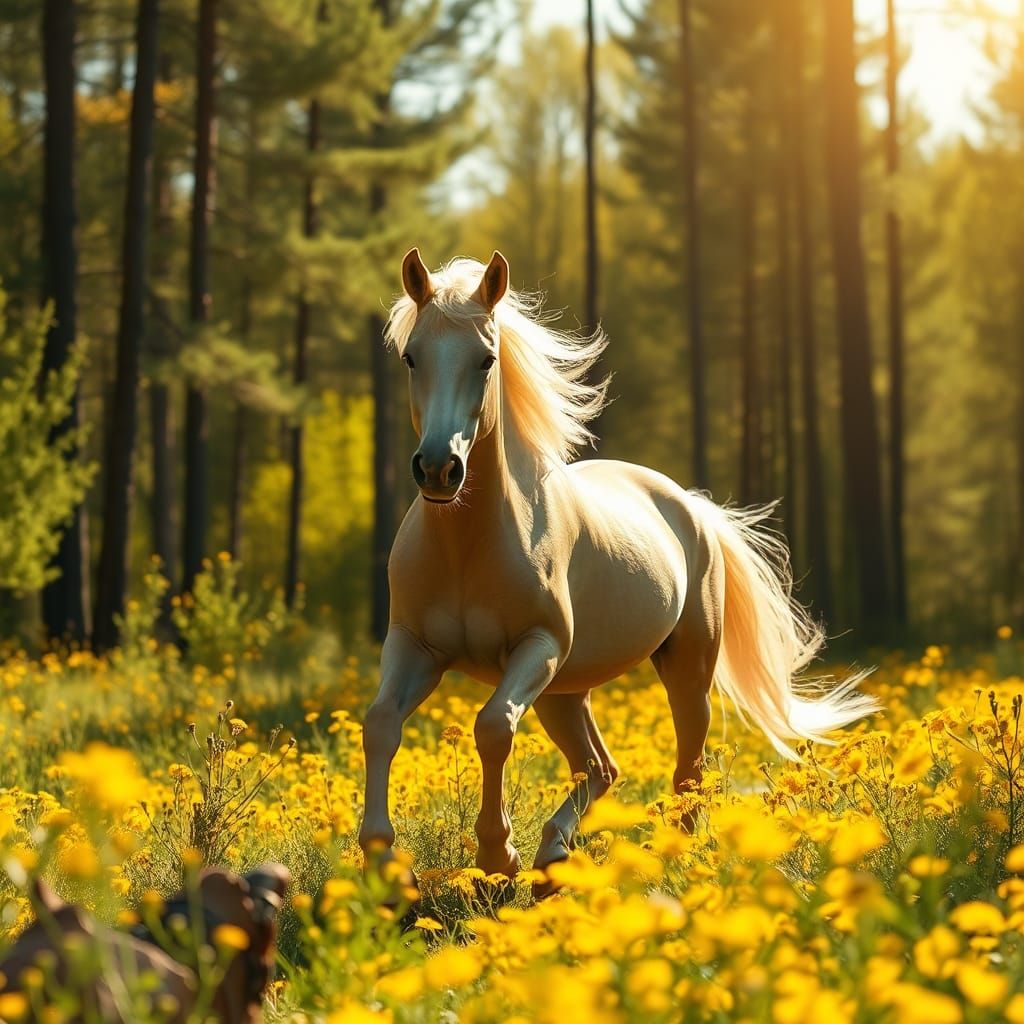 Palomino Horse Galloping Among Yellow Flowers