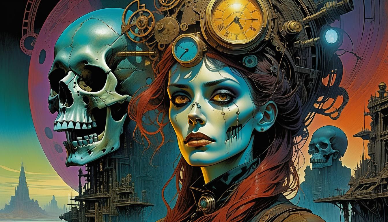 Steampunk Adventurer and Skull Monolith in Psychedelic Art